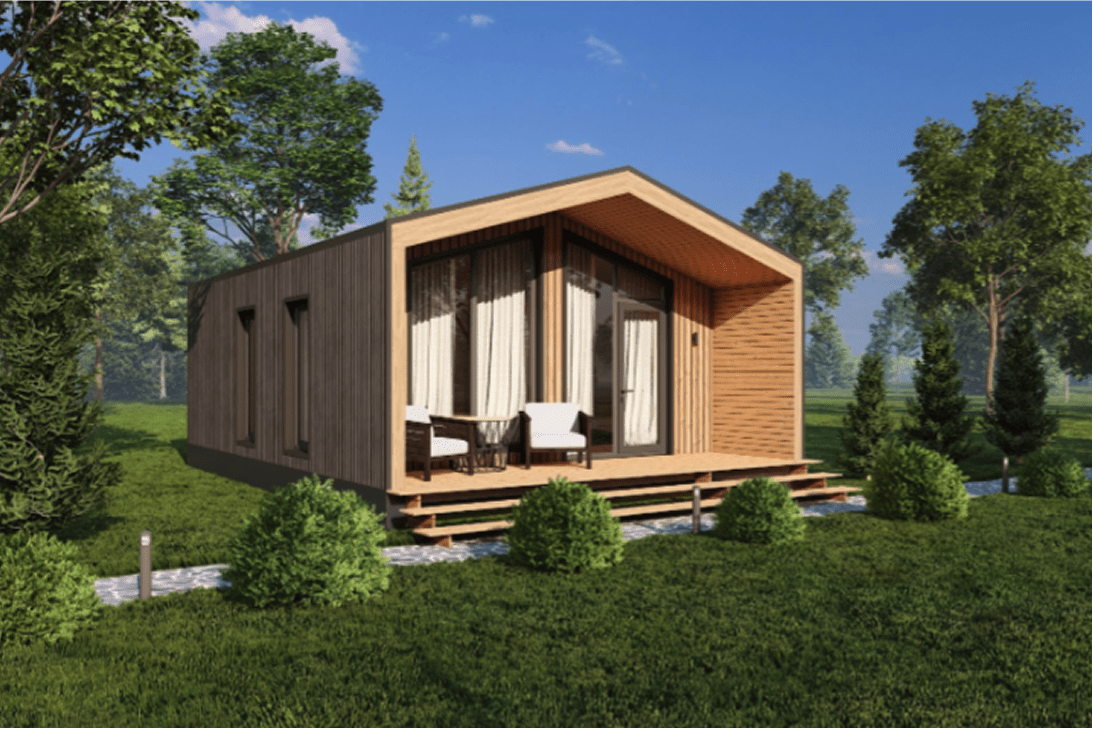 Современный модульный дом на участке — лето, газон, терраса Современный модульный дом на участке — лето, газон, терраса